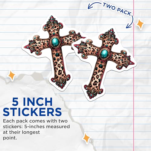 (2 Pack) Ornate Cross Stickers - Leopard Print - Religious Faith - 5" On Longest Side - Sticks to Smooth Flat Surfaces - Made in USA - BMCS8734