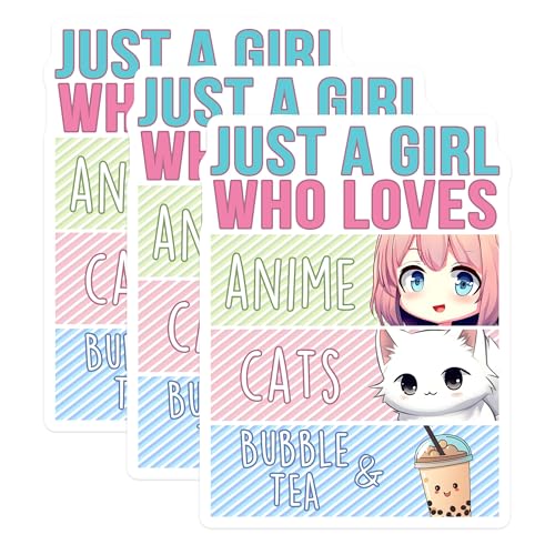 (3 Pack) Anime Cats Bubble Tea Decals - Laptop Decal - Kawaii Sticker - 3 Inches On Longest Side - Easy Peel & Apply - Made in USA - 3MCS6525