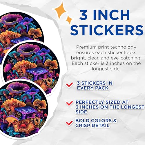 (3 Pack) Mushroom Decals - Psychedelic Art - Laptop Stickers- 3 Inches On Longest Side - Easy Peel & Apply - Made in USA - 3MCS5269