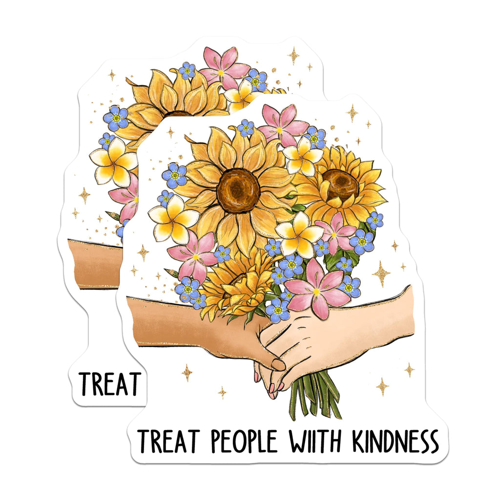 (2 Pack) Treat People with Kindness Stickers - Sunflower Hand Drawn Stickers - Floral Motivational Stickers - 5" On Longest Side - Sticks to Smooth Flat Surfaces - Made in USA - BMCS4166