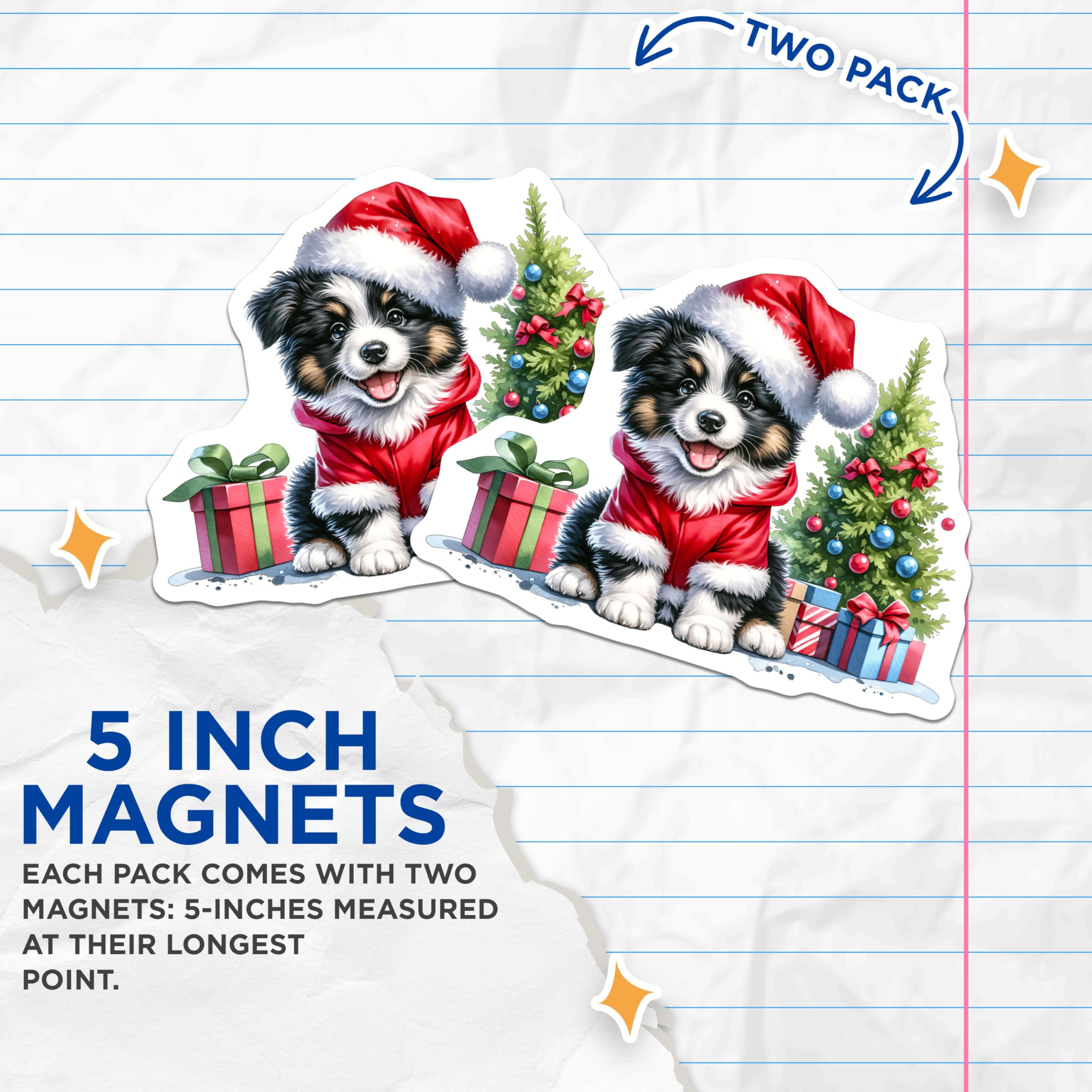 (2 Pack) Christmas Puppy Magnets - Santa Dog Holiday Decor - Cute Animal Refrigerator Accent for Pet Lovers - 5 Inches On Longest Side - Thick Durable Magnet - Made in USA - MAG28623
