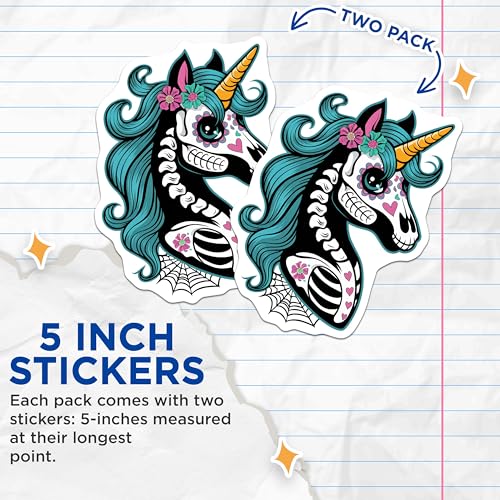 (2 Pack) Unicorn Skeleton Stickers - Day of The Dead - Colorful Skull Art - 5" On Longest Side - Sticks to Smooth Flat Surfaces - Made in USA - BMCS9459