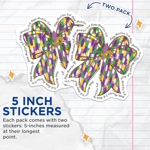 (2 Pack) Happy Mardi Gras Y'all Stickers - Mardi Gras Bow Stickers - Festival Decoration Stickers - 5" On Longest Side - Sticks to Any Smooth Flat Surface - Made in USA - BMCS3484