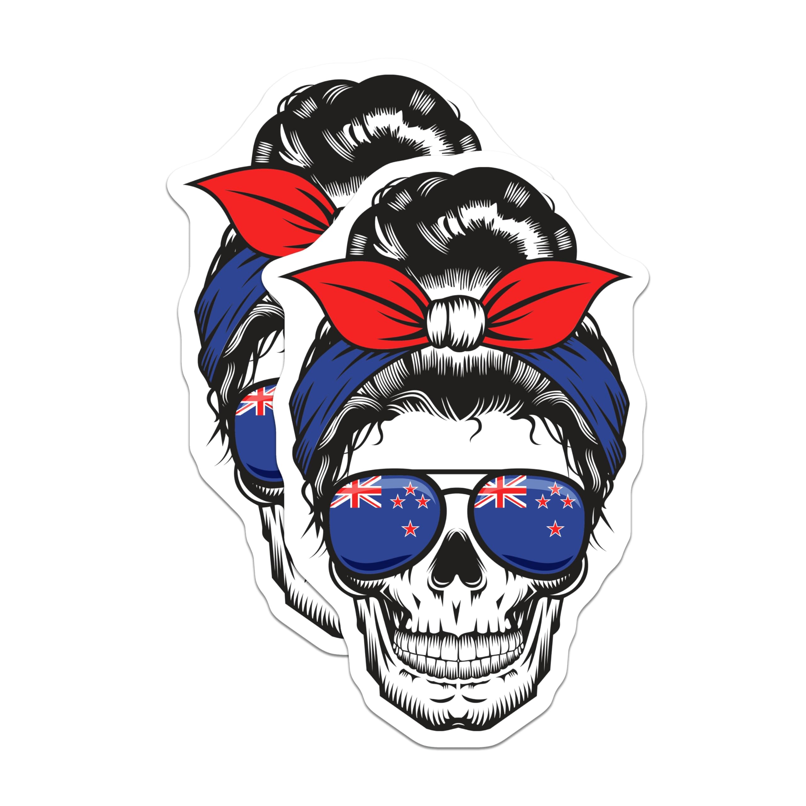 (2 Pack) New Zealand Flag Skull Magnets - Messy Bun Skull - Kiwi Pride Fridge Decor - 5" On Longest Side - Premium Magnet - for Cars, Refrigerators, Toolboxes, Lockers - Made in USA - MAG18903