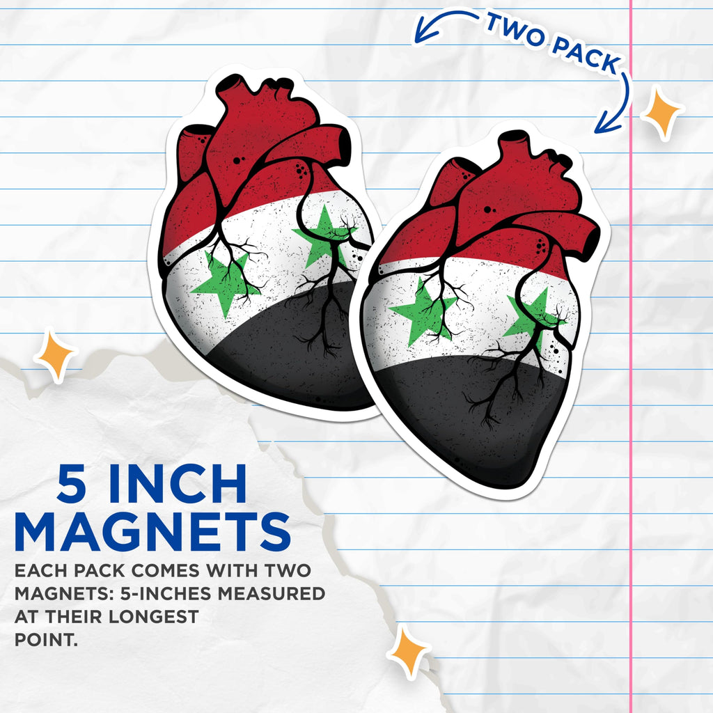 (2 Pack) Syrian Flag Heart Magnets - Patriotic National Pride Display - Fridge Locker Office Decor - 5 Inches On Longest Side - Thick Durable Magnet - Made in USA - MAG19036
