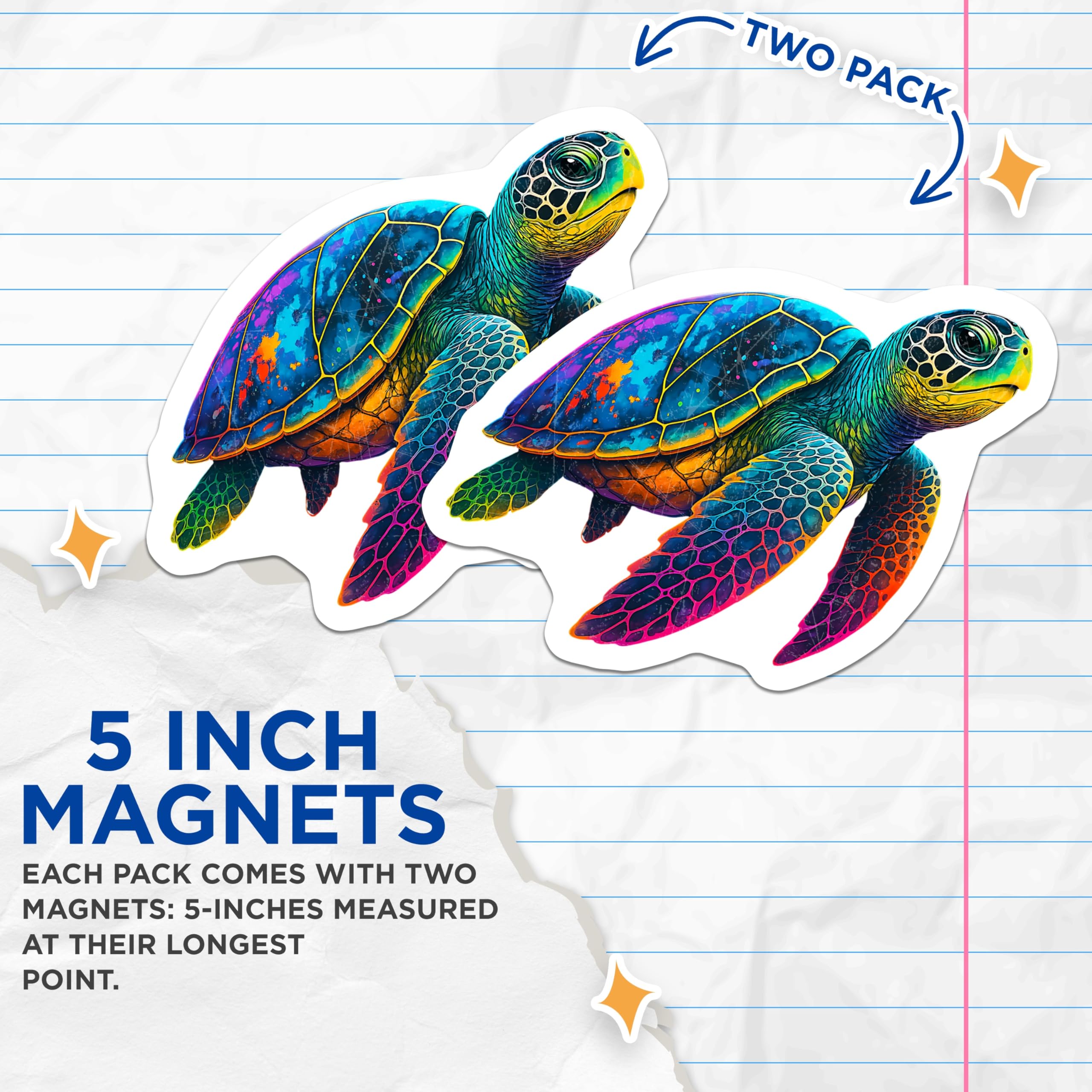 (2 Pack) Colorful Sea Turtle Magnets - Psychedelic Ocean Decor - Vibrant Marine Animal Fridge Art - Aquatic Creature Display - 5 Inches On Longest Side - Thick Durable Magnet - Made in USA - MAG22868
