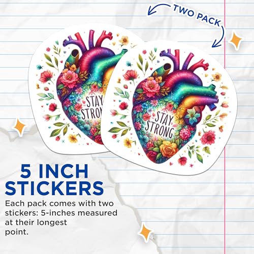(2 Packs) Stay Strong Colorful Rainbow Heart Stickers - Positive Inspiring Motivating Decals - 5" On Longest Side - Premium Vinyl Decal - Sticks to Any Smooth Flat Surface - Made in USA - BMCS2316