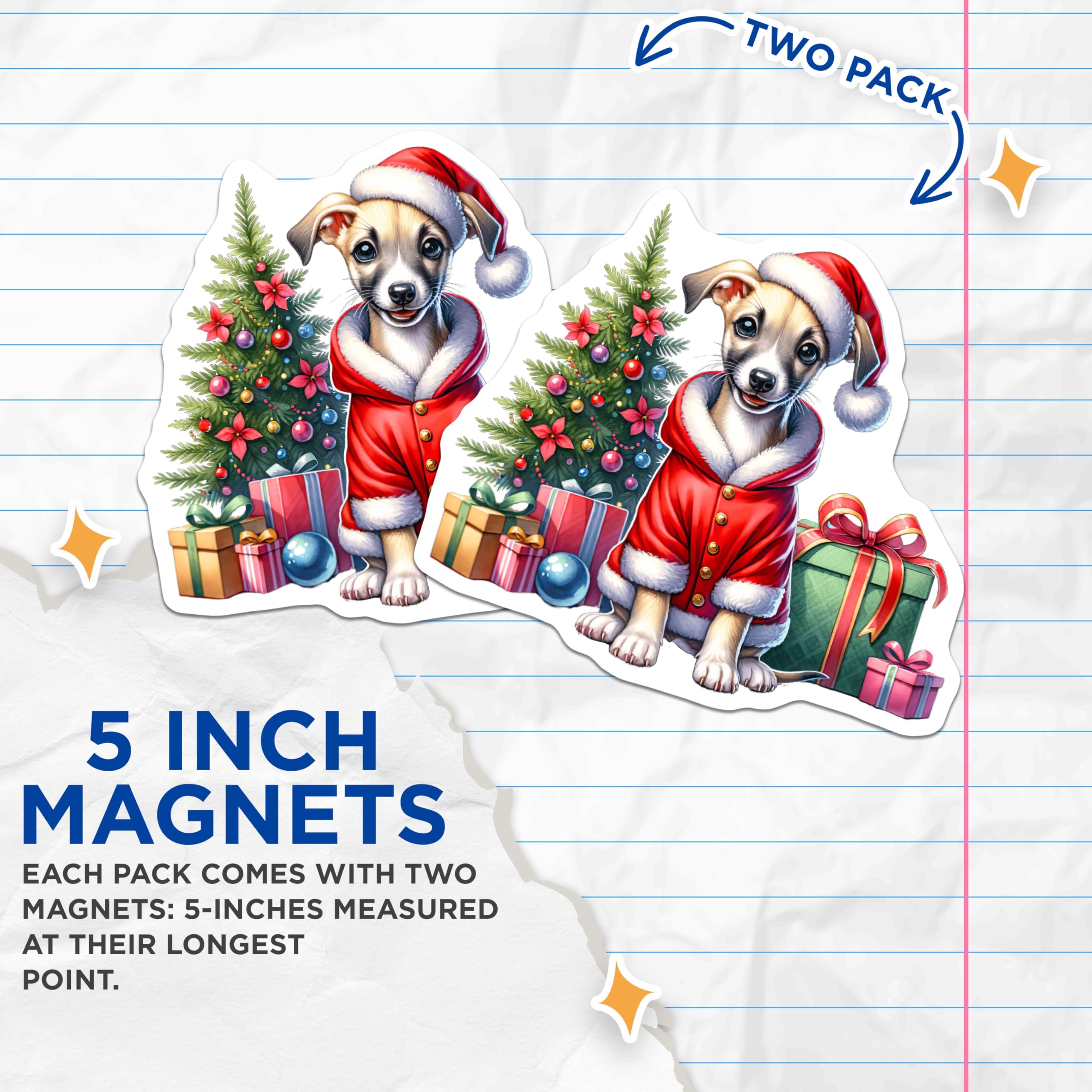 (2 Pack) Cute Santa Puppy Christmas Magnets - Holiday Dog Refrigerator Decor - Festive Animal Art for Kitchen - 5 Inches On Longest Side - Thick Durable Magnet - Made in USA - MAG28094