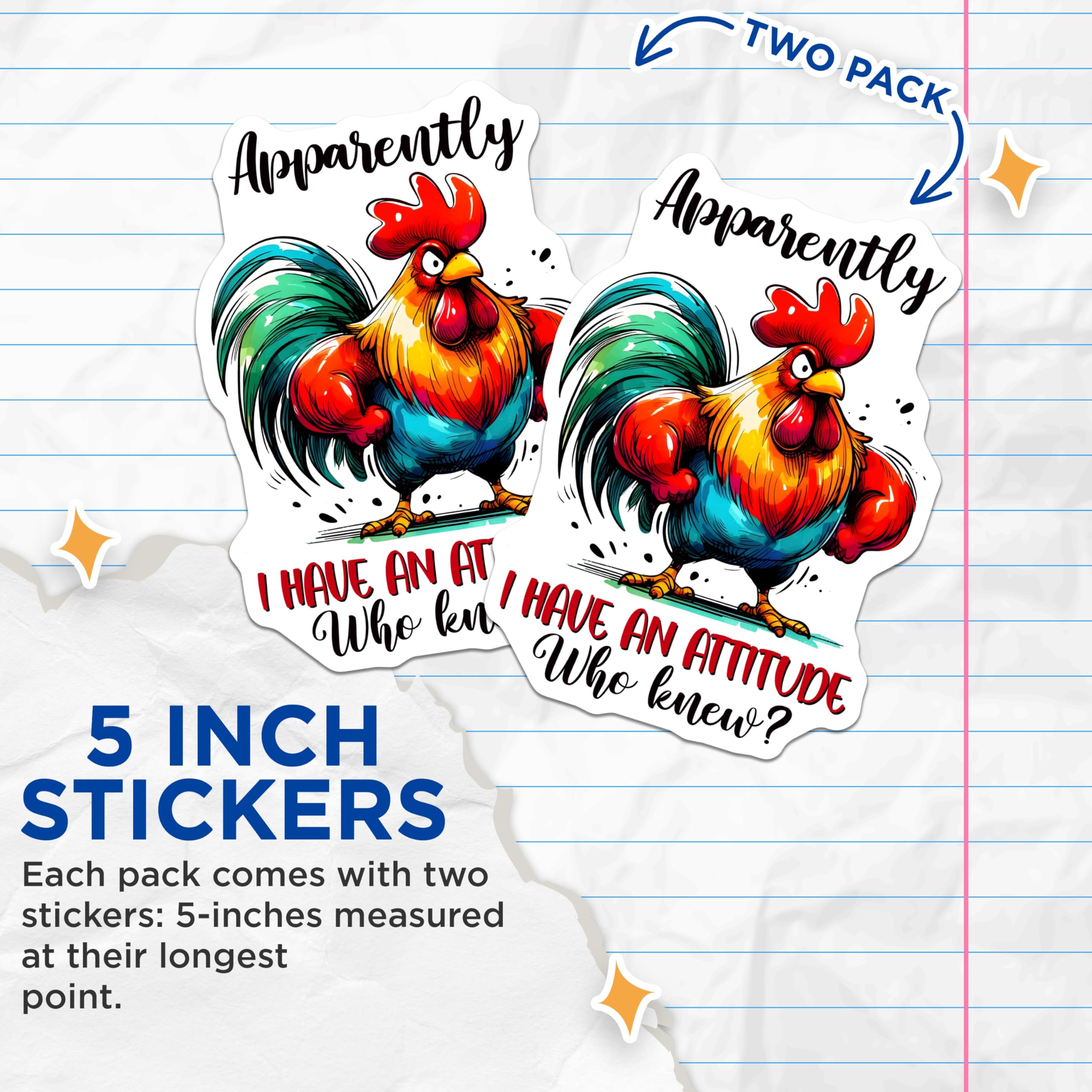 (2 Pack) Attitude Rooster Stickers - Funny Chicken - Sarcastic Quote- 5" On Longest Side - Sticks to Smooth Flat Surfaces - Made in USA - BMCS16988