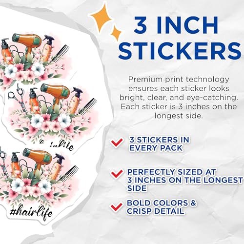 (3 Pack) Hair Stylist Decals - Hairdresser Decals - Hair Salon Decor - 3 Inches On Longest Side - Easy Peel & Apply - Made in USA - 3MCS6341