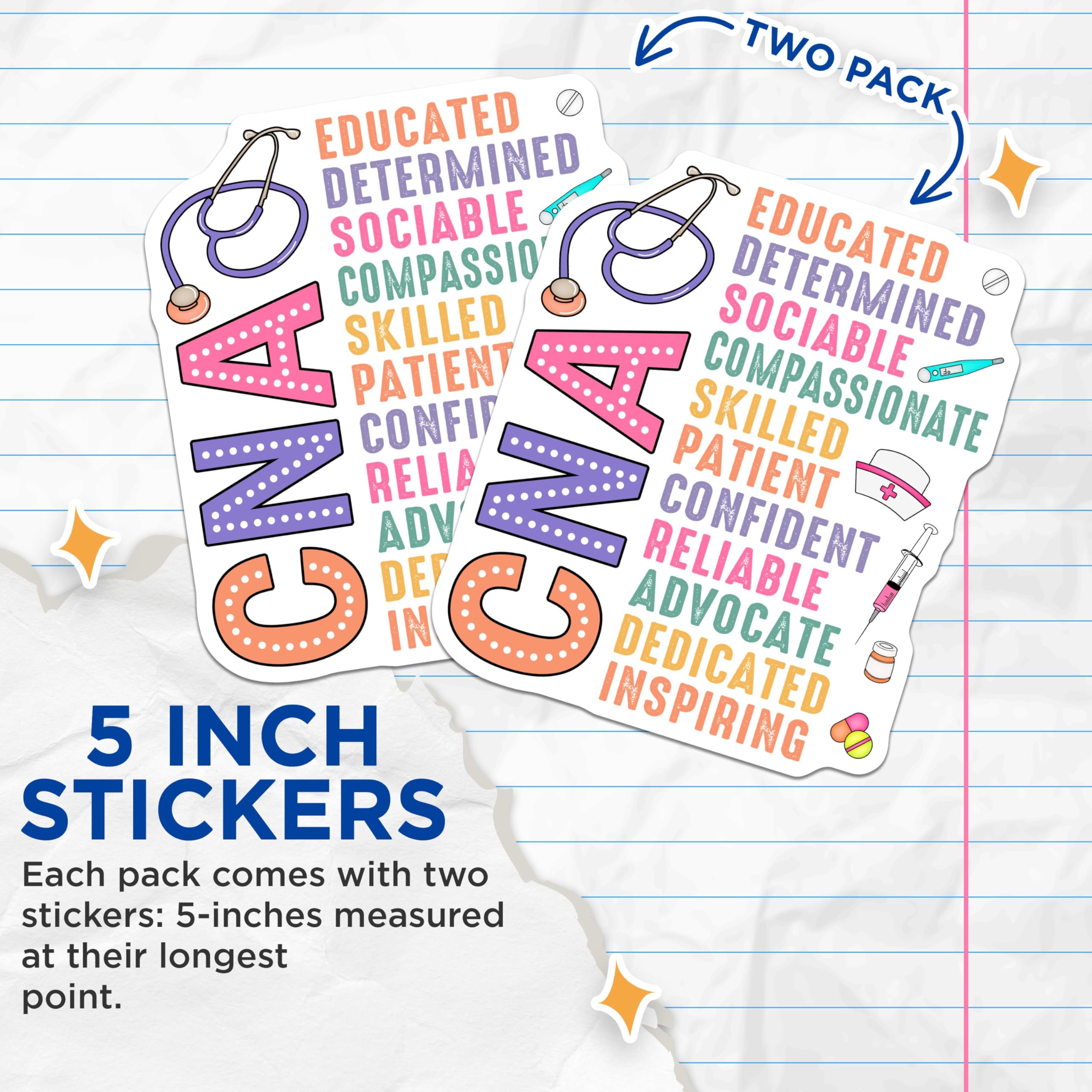 (2 Pack) CNA Educated Determined Stickers - Compassionate Skilled Patient Stickers - Confident Reliable Advocate Stickers - 5" On Longest Side - Sticks to Smooth Flat Surfaces- Made in USA - BMCS3080