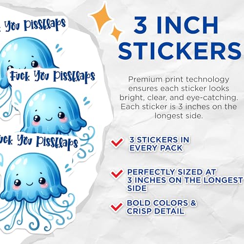 (3 Pack) Funny Jellyfish Decals - Offensive Humor - Laptop Decals - 3 Inches On Longest Side - Easy Peel & Apply - Made in USA - 3MCS8435