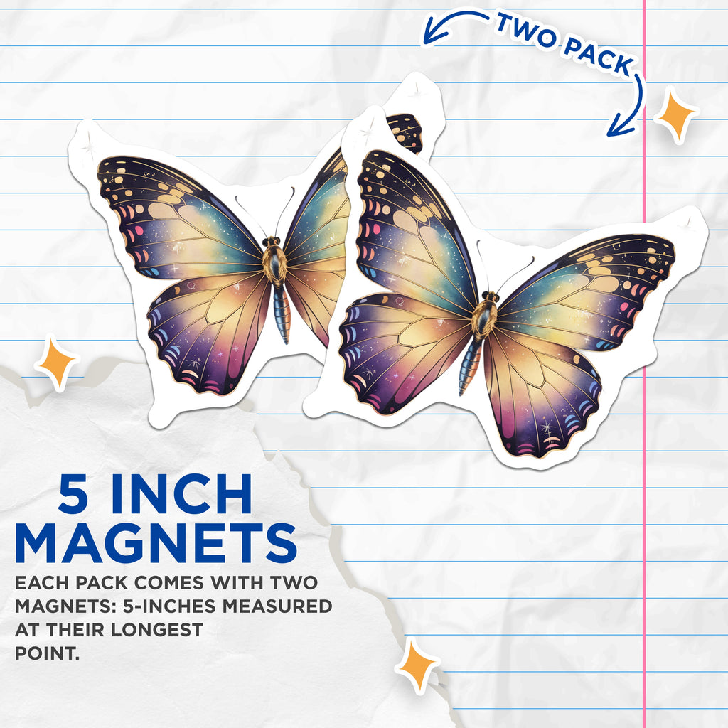 (2 Pack) Celestial Butterfly Magnets - Galaxy Wings Fridge Decor - Ethereal Space Aesthetic Lockers Office Nature Inspired - 5 Inches On Longest Side - Thick Durable Magnet - Made in USA - MAG36295
