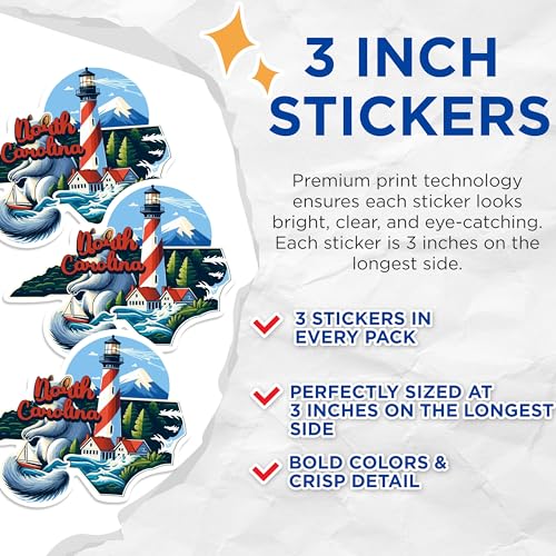 (3 Pack) North Carolina Decals - Lighthouse Decal - State Pride Stickers - 3 Inches On Longest Side - Easy Peel & Apply - Made in USA - 3MCS0155