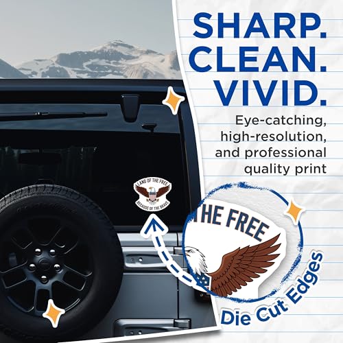 (2 Pack) Land of The Free Stickers - Eagle Stickers - Patriotic Stickers - 5" On Longest Side - Sticks to Smooth Flat Surfaces - Made in USA - BMCS3888