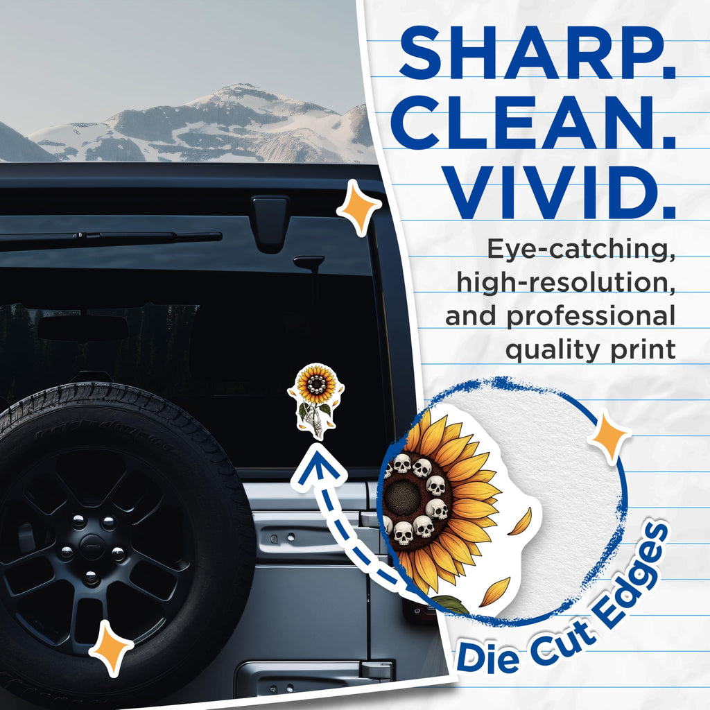(2 Pack) Sunflower Skull Stickers - Gothic Flower Stickers - Skeleton Hand Stickers - 5" On Longest Side - Sticks to Smooth Flat Surfaces - Made in USA - BMCS17808