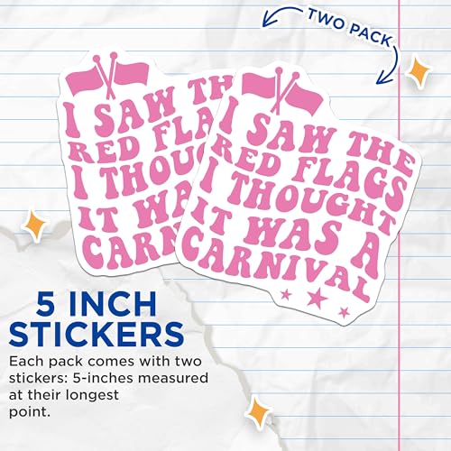 (2 Pack) Funny Quote Stickers - Red Flags - I Saw The Red Flags I Thought It was a Carnival - 5" On Longest Side - Sticks to Smooth Flat Surfaces - Made in USA - BMCS8488