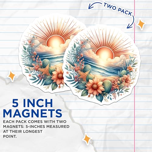 (2 Pack) Sunrise Coastal Scene Magnets Magnets - Ocean Landscape Art - Floral Beach Illustration - 5" On Longest Side - Made in USA - Sticks to Refrigerators & Metal Surfaces - MAG9289