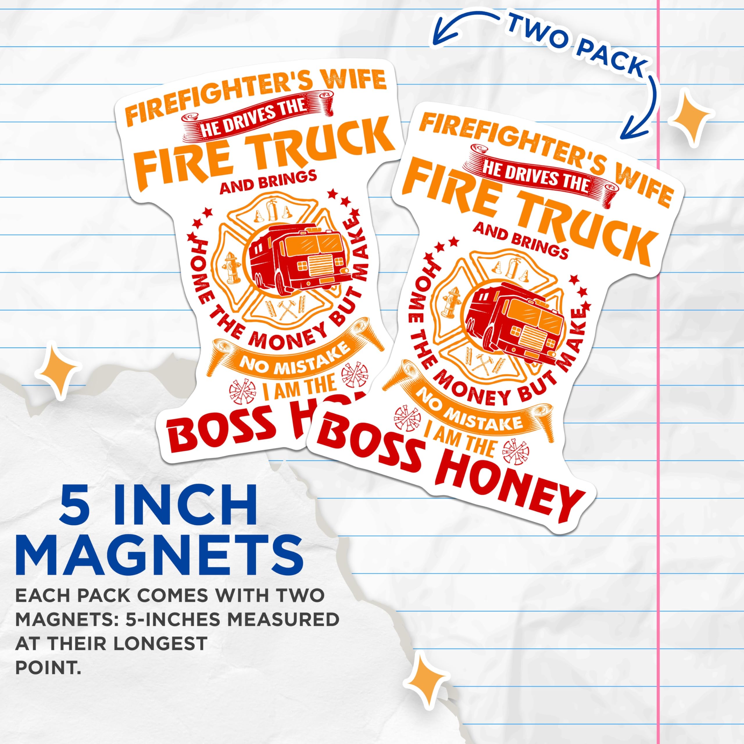 (2 Pack) Firefighter Wife Magnets - Boss Honey Spouse Pride - Fire Truck Hero Decor - First Responder Family Life - 5 Inches On Longest Side - Thick Durable Magnet - Made in USA - MAG20356
