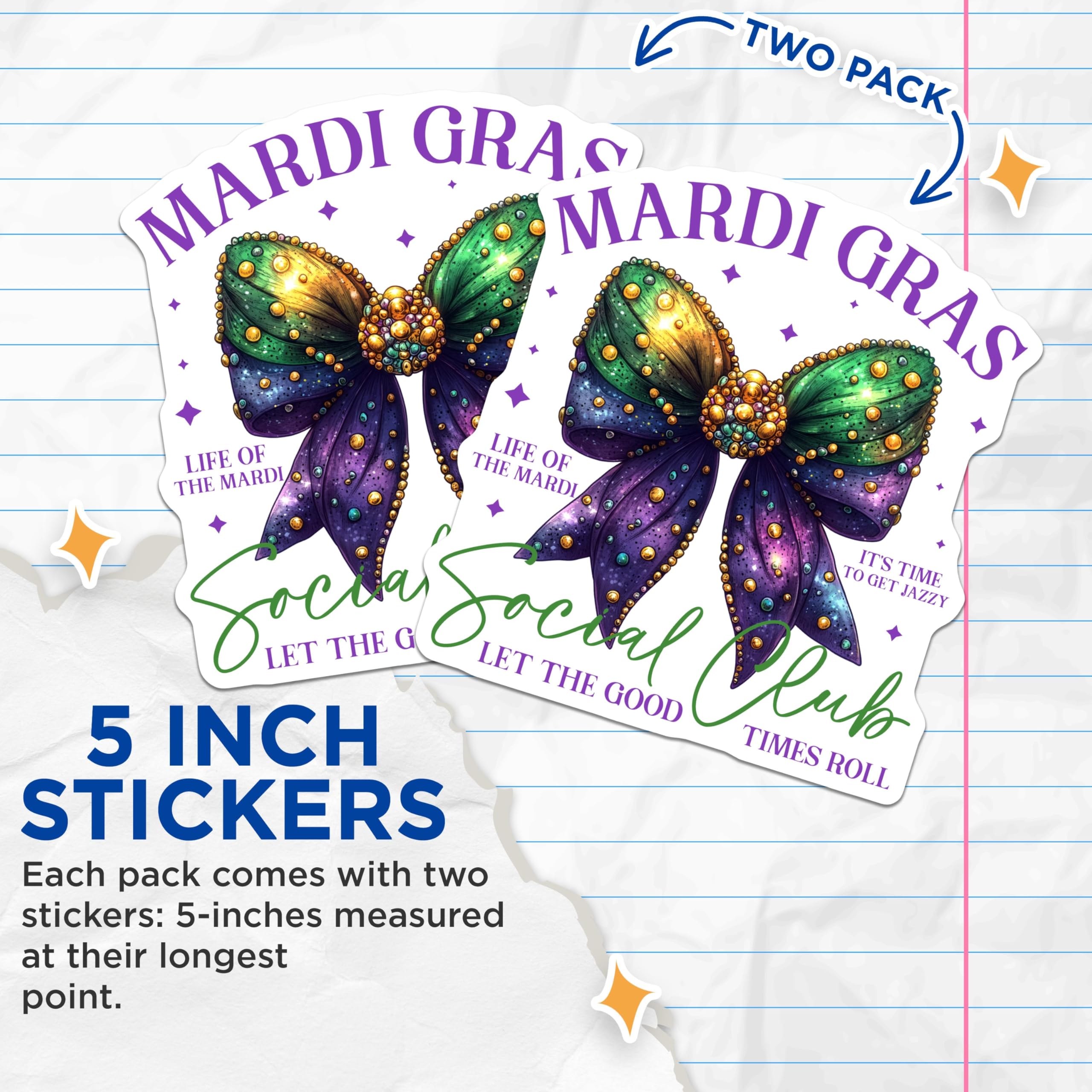 (2 Pack) Mardi Gras Social Club Stickers - Let The Good Times Roll Stickers - Life of The Mardi Stickers - 5" On Longest Side - Sticks to Any Smooth Flat Surface - Made in USA - BMCS3404