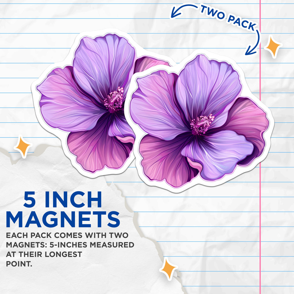 (2 Pack) Vibrant Purple Hibiscus Magnets - Tropical Floral Decor - Botanical Refrigerator Art Accent - 5 Inches On Longest Side - Thick Durable Magnet - Made in USA - MAG36010