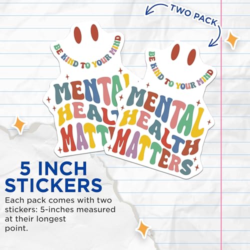 (2 Pack) Mental Health Matters Stickers - Inspirational Quote Stickers - Motivational Self Care Stickers - 5" On Longest Side - Sticks to Any Smooth Flat Surface - Made in USA - BMCS3243