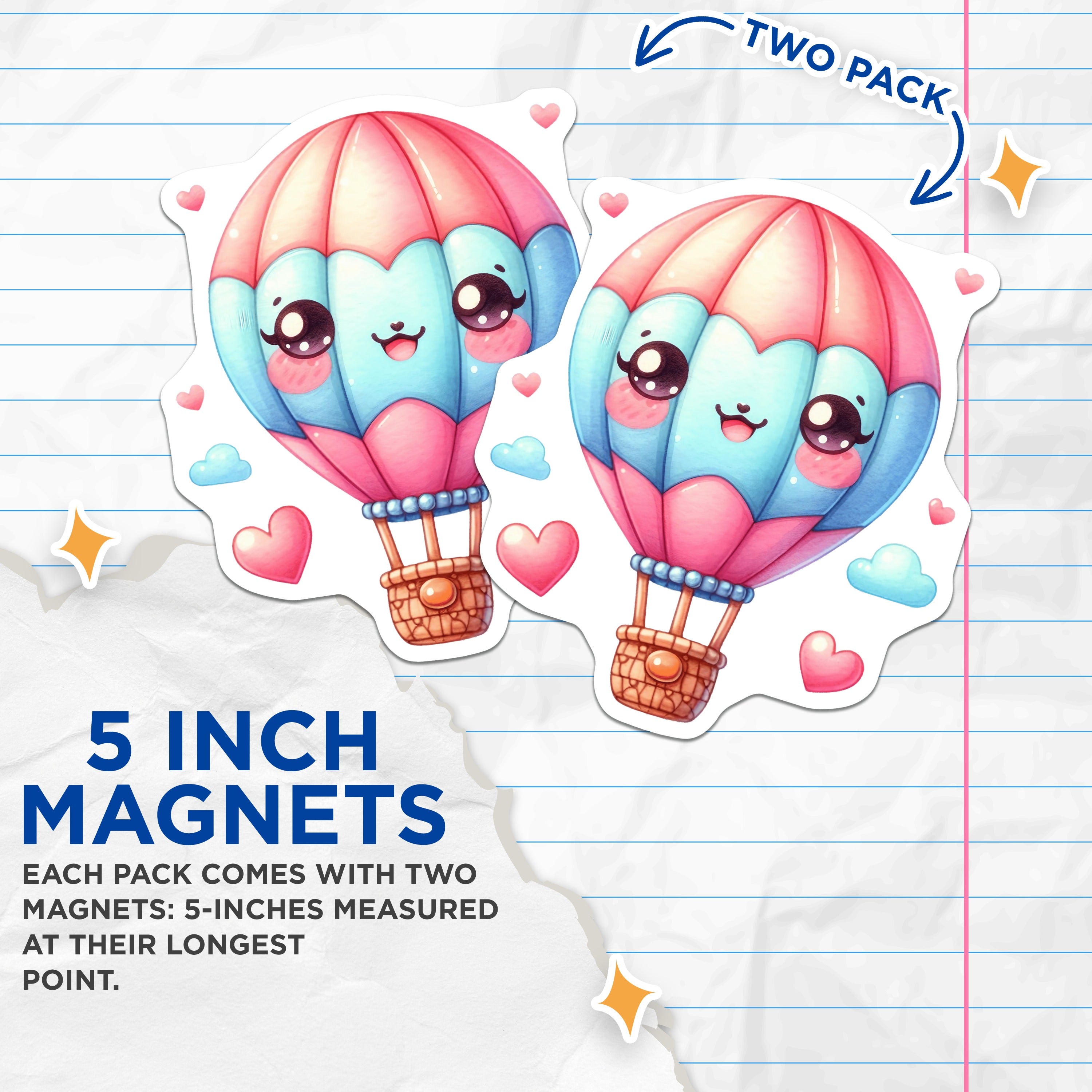 (2 Pack) Kawaii Hot Air Balloon Magnets - Cute Dreamy Fridge Decor - Pastel Aesthetic Locker Organizer - 5 Inches On Longest Side - Thick Durable Magnet - Made in USA - MAG36138