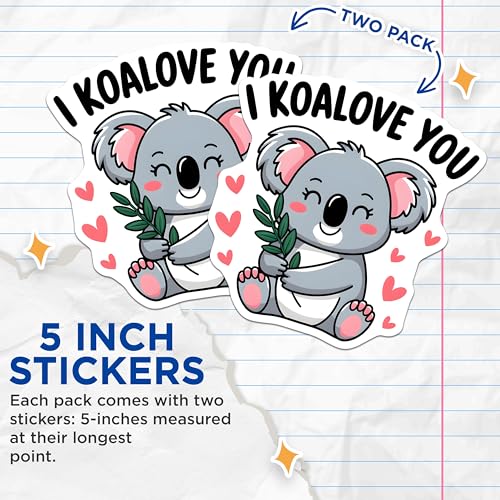 (2 Pack) I Koalove You Stickers - Cute Animal Stickers - Love Koala Vinyl Decals - 5" On Longest Side - Sticks to Smooth Flat Surfaces - Made in USA - BMCS3760
