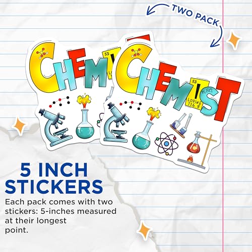 (2 Pack) Chemist Stickers - Science Lab - Chemistry Icons - STEM Education - Science Classroom Decor - 5" On Longest Side - Sticks to Smooth Flat Surfaces - Made in USA - BMCS7840