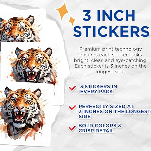 (3 Pack) Tiger Decals - Laptop Decal - Watercolor Tiger Art - 3 Inches On Longest Side - Easy Peel & Apply - Made in USA - 3MCS7472