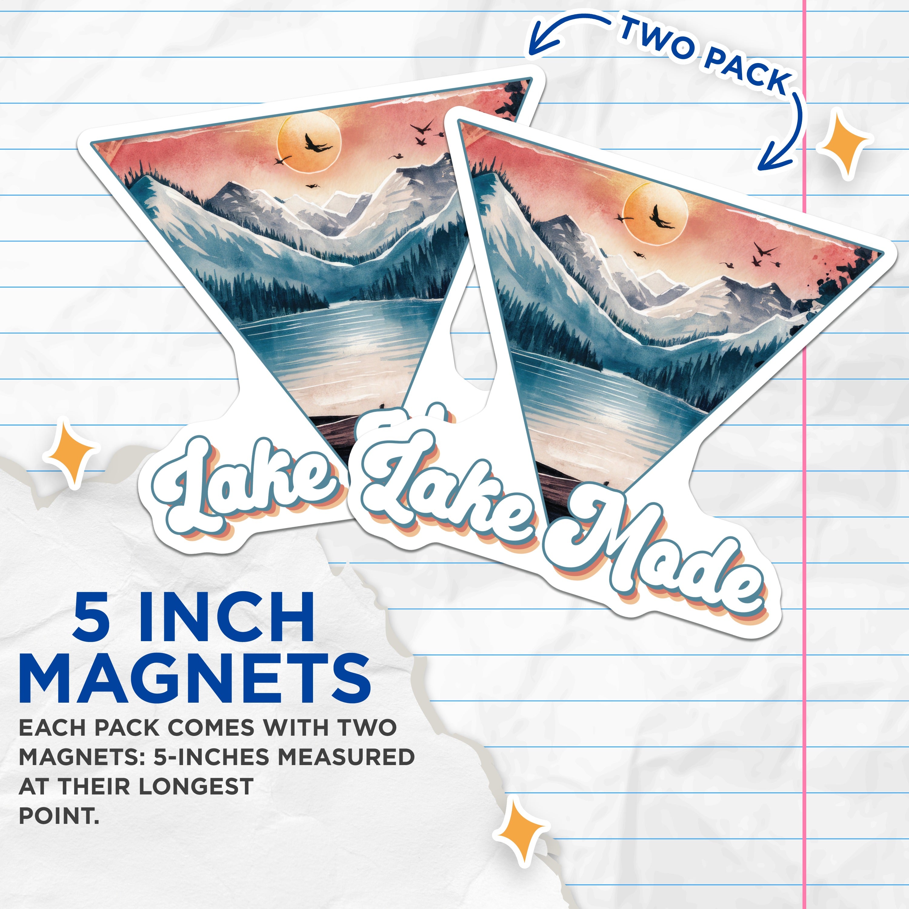 (2 Pack) Lake Mode Magnets - Mountain Lake Scene - Watercolor Nature Lover Decor - Retro Art Vibe - 5 Inches On Longest Side - Thick Durable Magnet - Made in USA - MAG38827