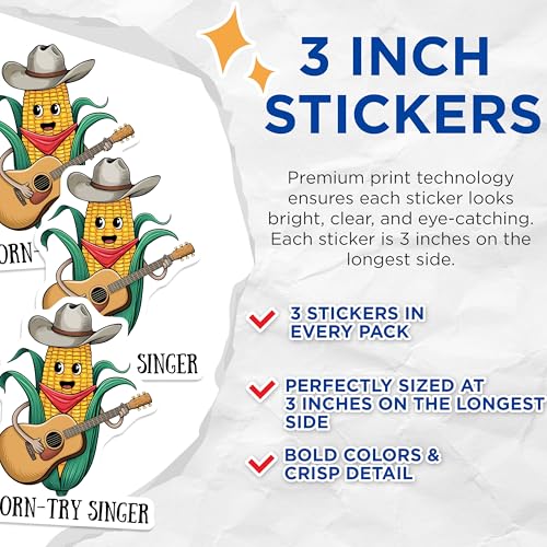 (3 Pack) Corn-Try Singer Decals - Country Corn Stickers - Corn Guitar Decal - 3 Inches On Longest Side - Easy Peel & Apply - Made in USA - 3MCS6397