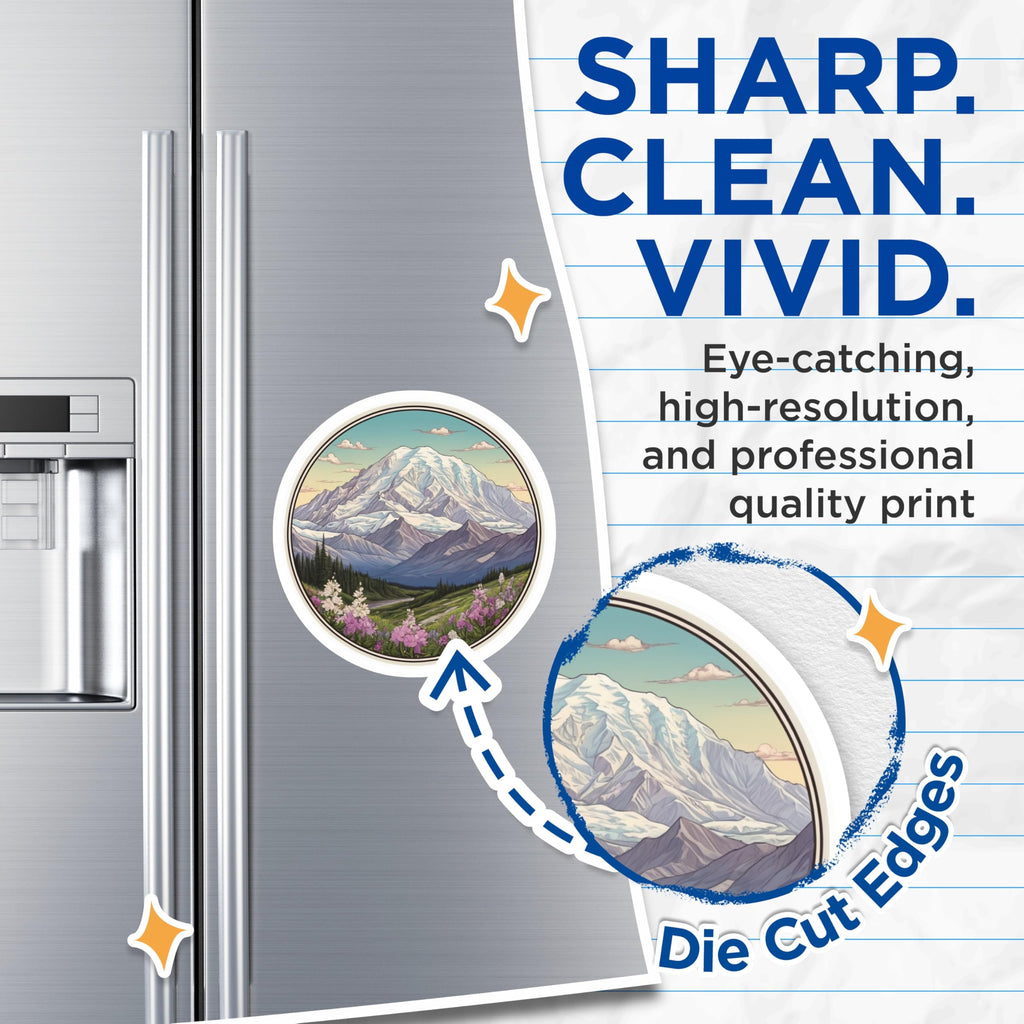 (2 Pack) Mountain Scene Magnets - Snowy Peak Art - Floral Valley Fridge Magnets - 5" On Longest Side - Premium Magnet - for Cars, Refrigerators, Toolboxes, Lockers - Made in USA - MAG17293