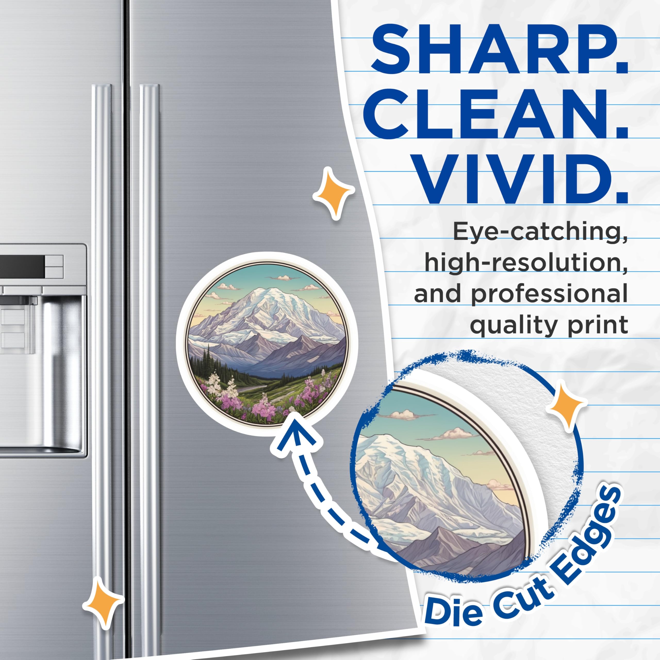 (2 Pack) Mountain Scene Magnets - Snowy Peak Art - Floral Valley Fridge Magnets - 5" On Longest Side - Premium Magnet - for Cars, Refrigerators, Toolboxes, Lockers - Made in USA - MAG17293