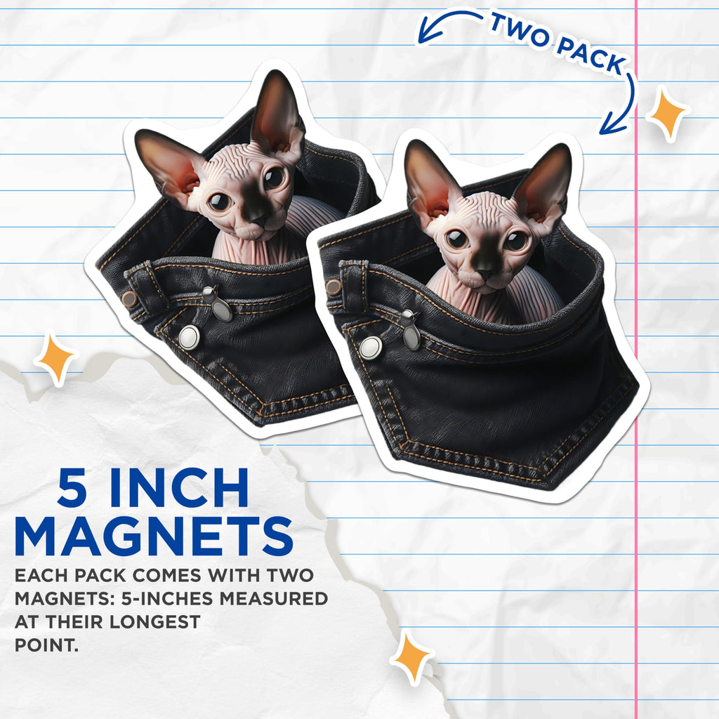 (2 Pack) Sphynx Cat Magnets - Pocket Cat Art - Unique Fridge Magnets - 5" On Longest Side - Premium Magnet - for Cars, Refrigerators, Toolboxes, Lockers - Made in USA - MAG16068
