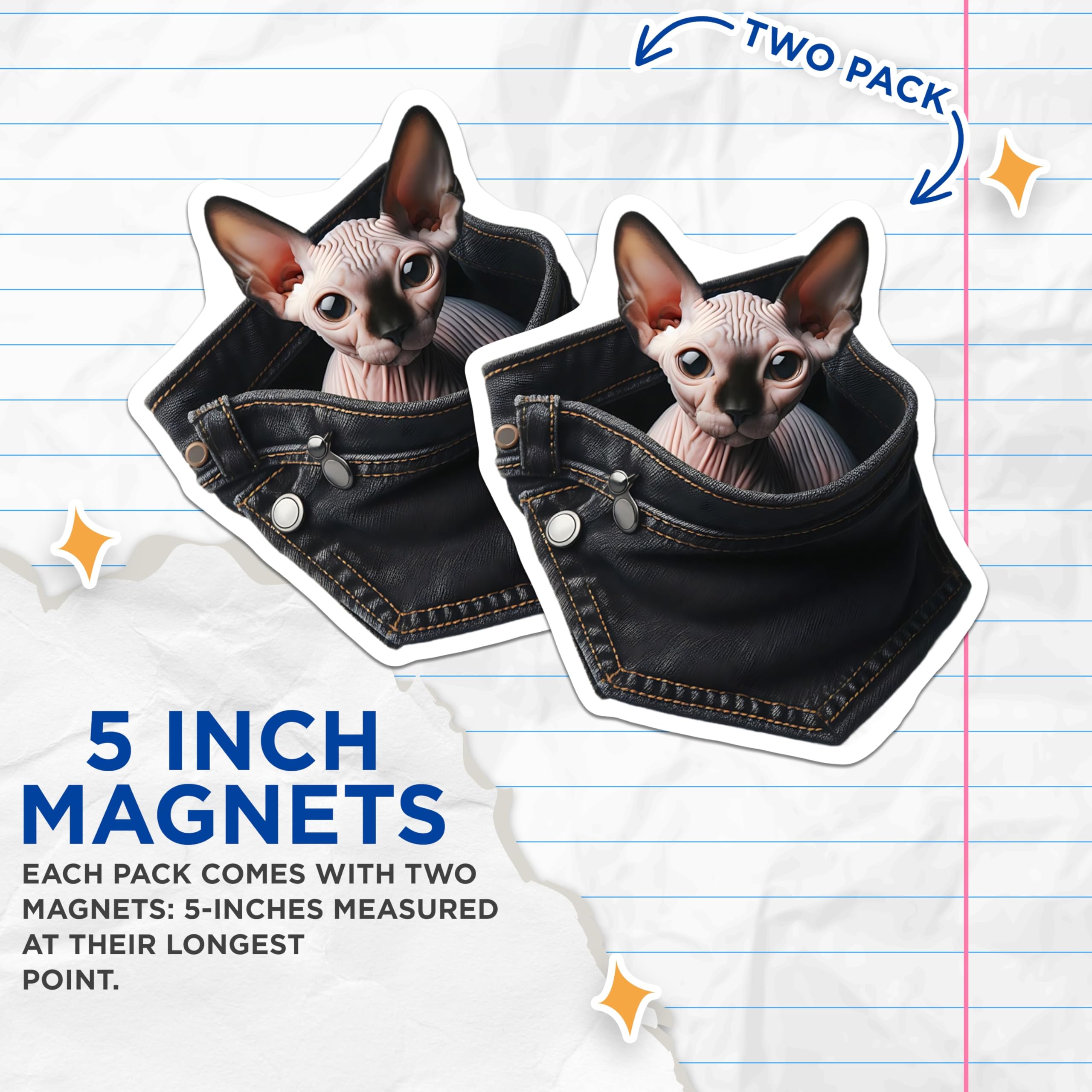 (2 Pack) Sphynx Cat Magnets - Pocket Cat Art - Unique Fridge Magnets - 5" On Longest Side - Premium Magnet - for Cars, Refrigerators, Toolboxes, Lockers - Made in USA - MAG16068