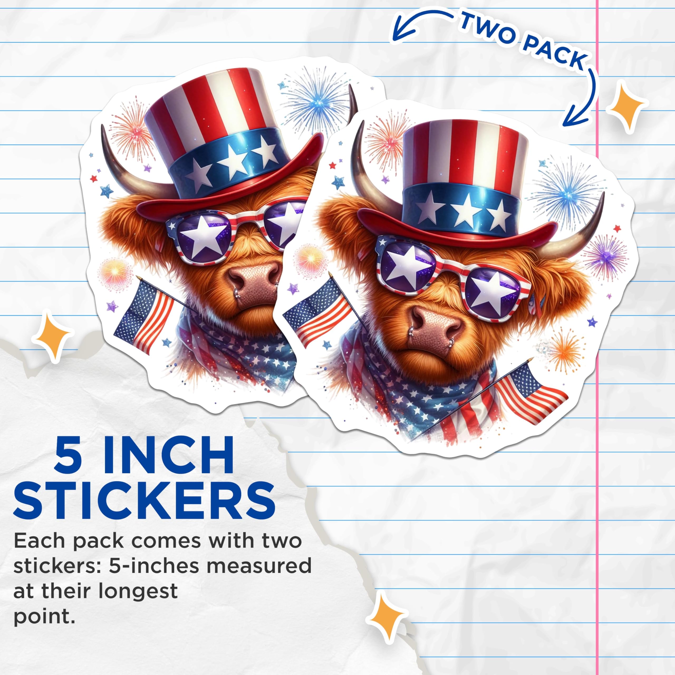 (2 Pack) Patriotic Cow Stickers - American Flag - Independence Day Decor - 5" On Longest Side - Sticks to Smooth Flat Surfaces - Made in USA - BMCS6335