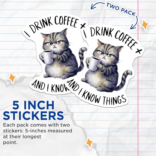 (2 Pack) Funny Cat Stickers - I Drink Coffee Stickers - Grumpy Cat Humor Stickers - 5" On Longest Side - Sticks to Any Smooth Flat Surface - Made in USA - BMCS3453