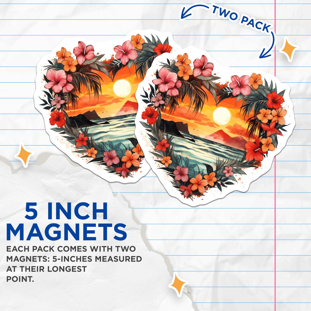 (2 Pack) Heart Tropical Sunset Magnets - Hawaiian Floral Ocean Art - Island Paradise Decor - 5 Inches On Longest Side - Thick Durable Magnet - Made in USA - MAG20754
