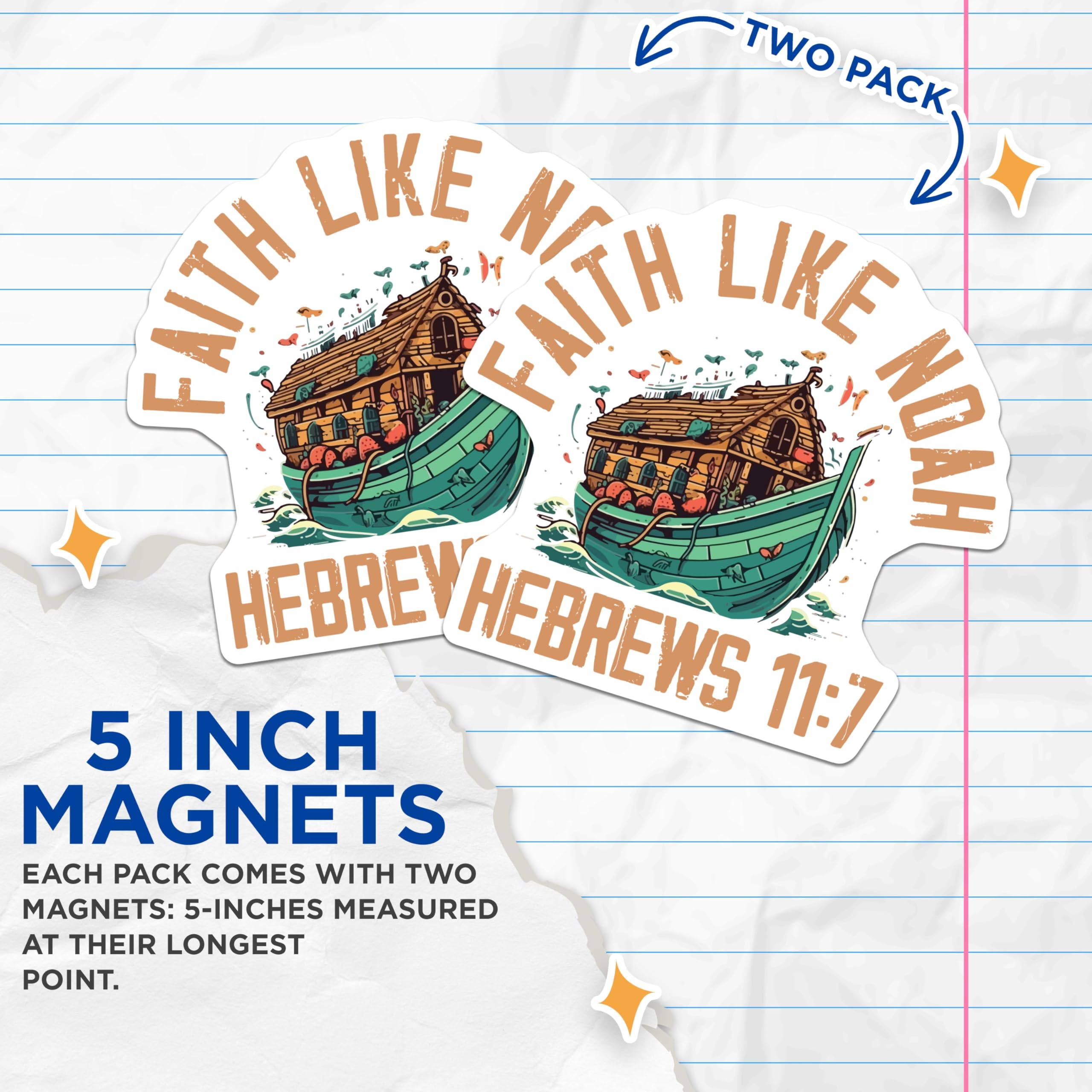 (2 Pack) Noahs Ark Refrigerator Magnets - Faith Like Noah Hebrews 11 7 - Christian Bible Art - 5 Inches On Longest Side - Thick Durable Magnet - Made in USA - MAG29466