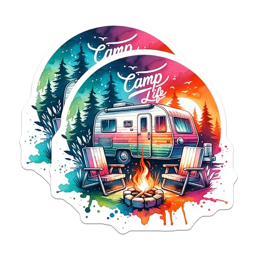(2 Pack) Camp Life Stickers - Colorful Camping - Adventure Outdoors Decals - 5" On Longest Side - Sticks to Smooth Flat Surfaces - Made in USA - BMCS7245