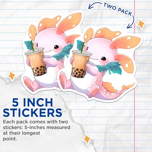 (2 Pack) Cute Axolotl Boba Tea Stickers - Kawaii Bubble Tea - Animal Cartoon - 5" On Longest Side - Sticks to Smooth Flat Surfaces - Made in USA - BMCS7790