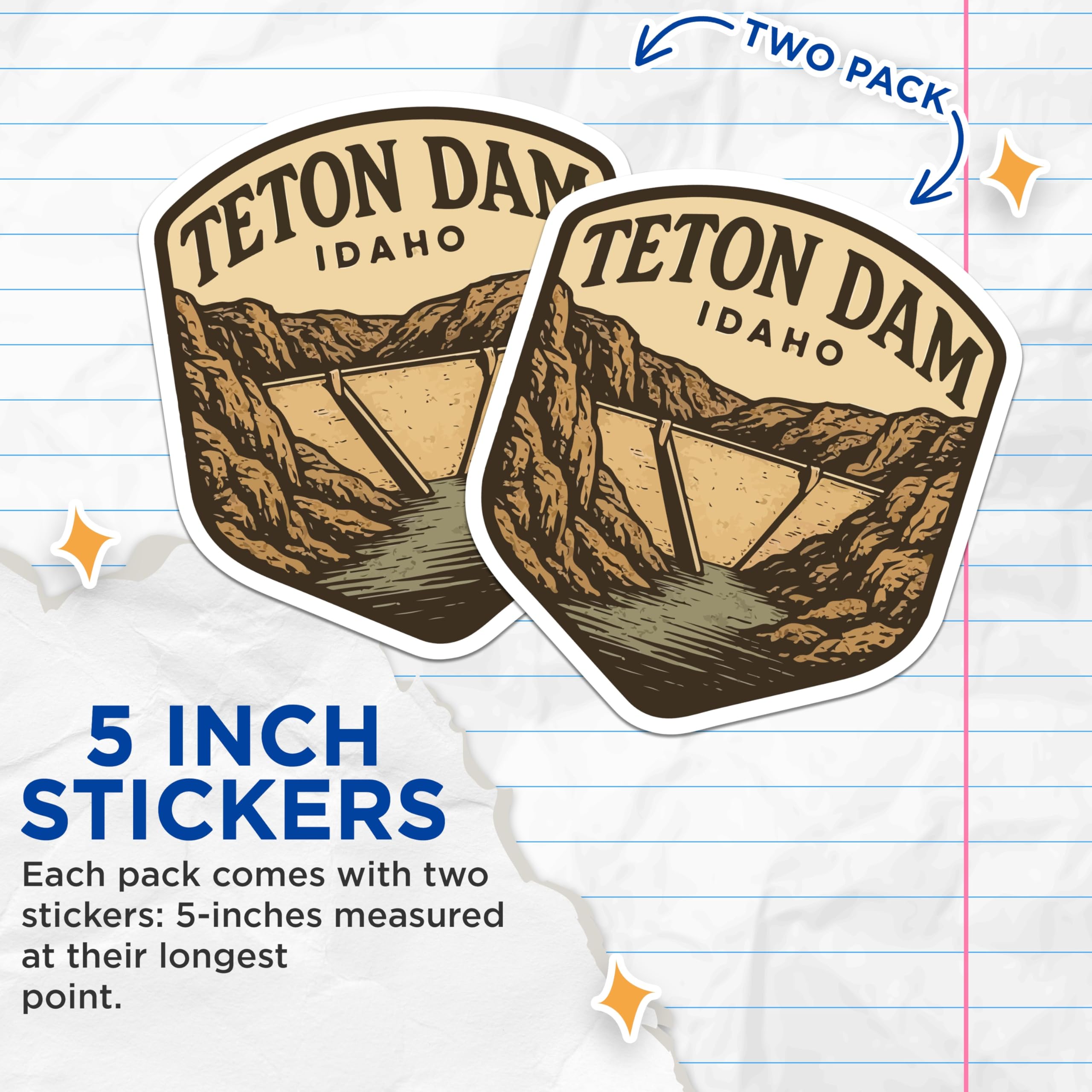 (2 Pack) Teton Dam Idaho Stickers - Idaho Mountain Scenery - Vintage Park Style Decals - 5" On Longest Side - Sticks to Smooth Flat Surfaces - Made in USA - BMCS20081