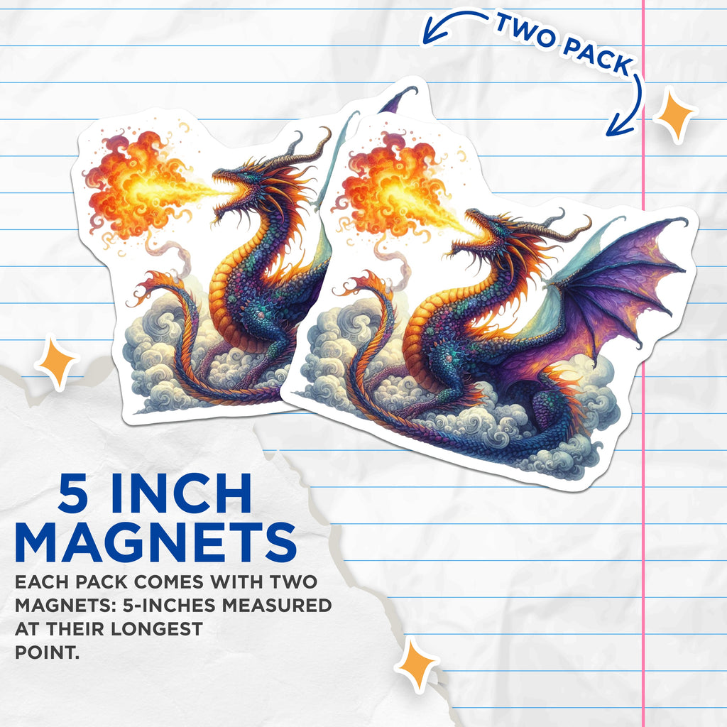 (2 Pack) Fire Breathing Dragon Magnets - Fantasy Creature Art - Mythical Beast Decor for Fridge - 5 Inches On Longest Side - Thick Durable Magnet - Made in USA - MAG38102