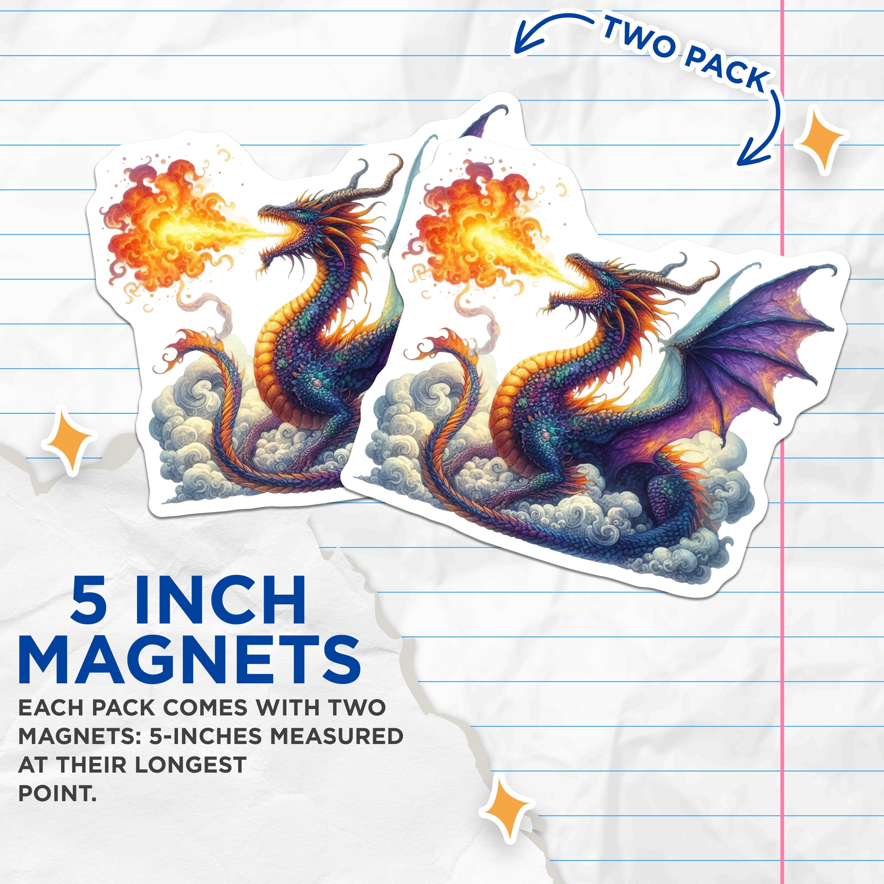 (2 Pack) Fire Breathing Dragon Magnets - Fantasy Creature Art - Mythical Beast Decor for Fridge - 5 Inches On Longest Side - Thick Durable Magnet - Made in USA - MAG38102