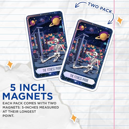 (2 Pack) Skeleton Working Out Magnet - Space Gym Decor - 5" On Longest Side - Sticks to Smooth Flat Surfaces - Made in USA - MAG9987