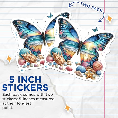 (2 Pack) Seashell Butterfly Stickers - Ocean-Themed Stickers - Sea Life Art - Nature Beach Stickers - 5" On Longest Side - Sticks to Smooth Flat Surfaces - Made in USA - BMCS6420