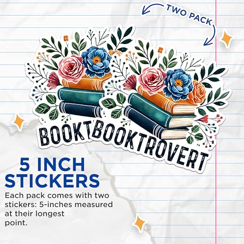 (2 Pack) Booktrovert Stickers - Book Lover Stickers - Floral Book Stickers - Reading Enthusiast Stickers - 5" On Longest Side - Sticks to Any Smooth Flat Surface - Made in USA - BMCS2756