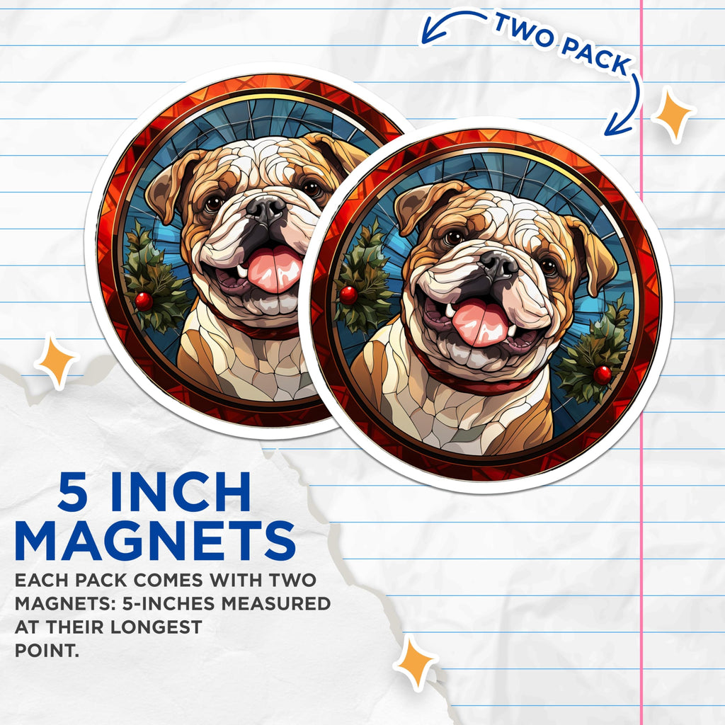 (2 Pack) Bulldog Christmas Magnets - Stained Glass Pet Art - Holiday Refrigerator Decor - 5 Inches On Longest Side - Thick Durable Magnet - Made in USA - MAG28306