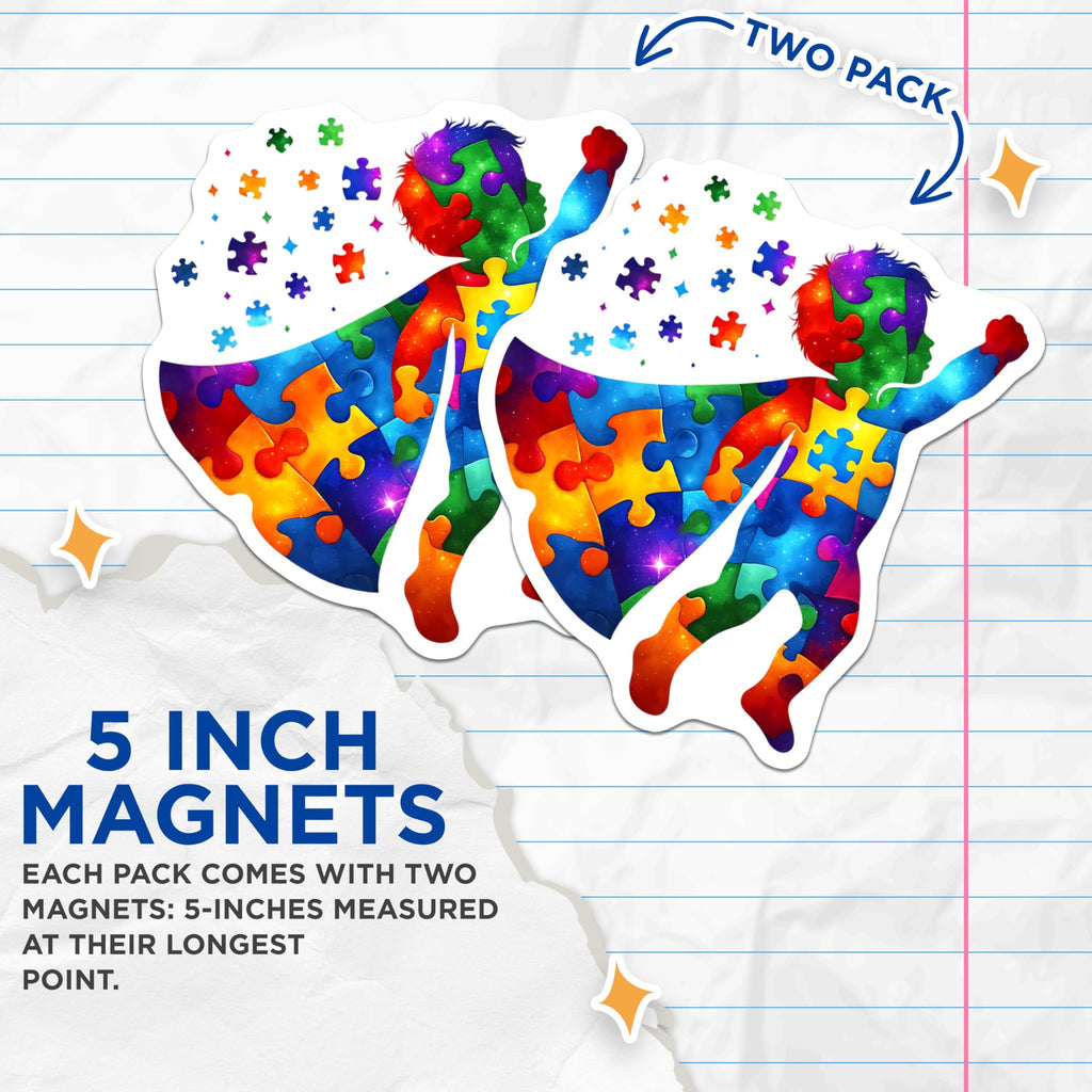(2 Pack) Superhero Puzzle Magnets - Colorful Child Silhouette - 5" On Longest Side - for Cars, Fridges, Toolboxes - Made in USA - MAG7889
